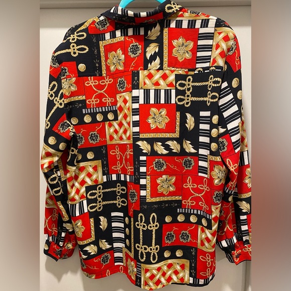 Vintage 80s EHL Red & Black Patterned Long-Sleeve Button-Up Blouse Top - Picture 5 of 5